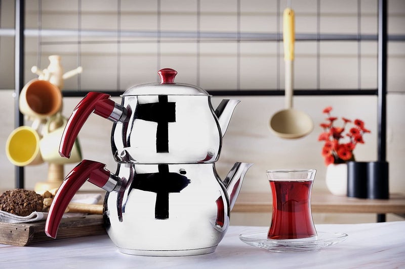 DESTALYA Turkish Teapot Set | Stainless Steel Double Tea Pots for Stove Top | Tea Maker with Strainer | Samovar Tea Kettle, Water Heater (Midi with Red Handles) - Image 2